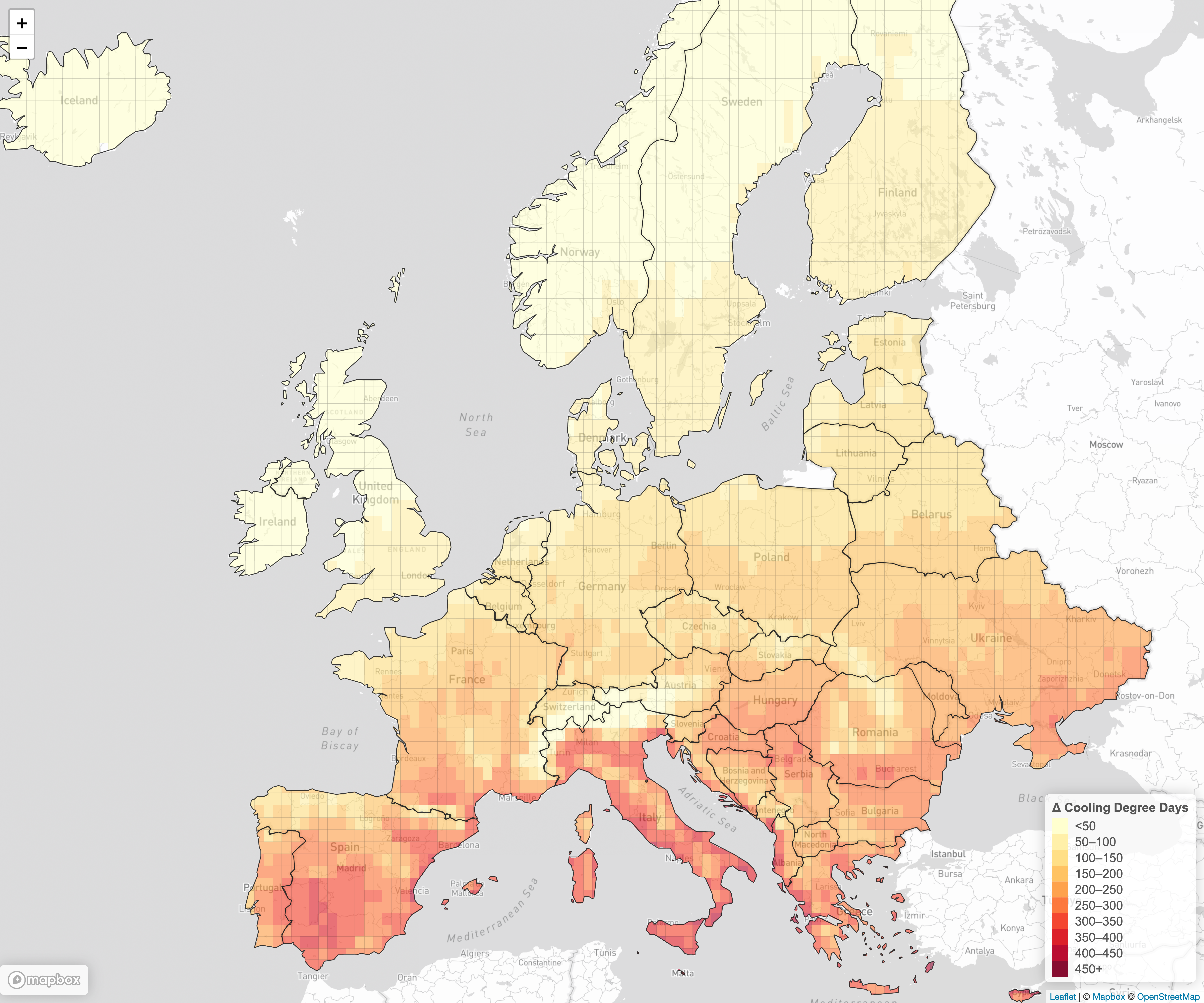 Projected change in cooling degree days, 2025–2050, under SSP5-8.5, on a 0.5° grid