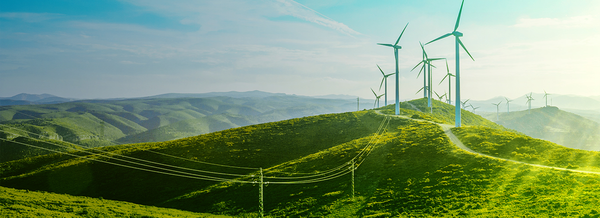 Windmills on hill with sun shining